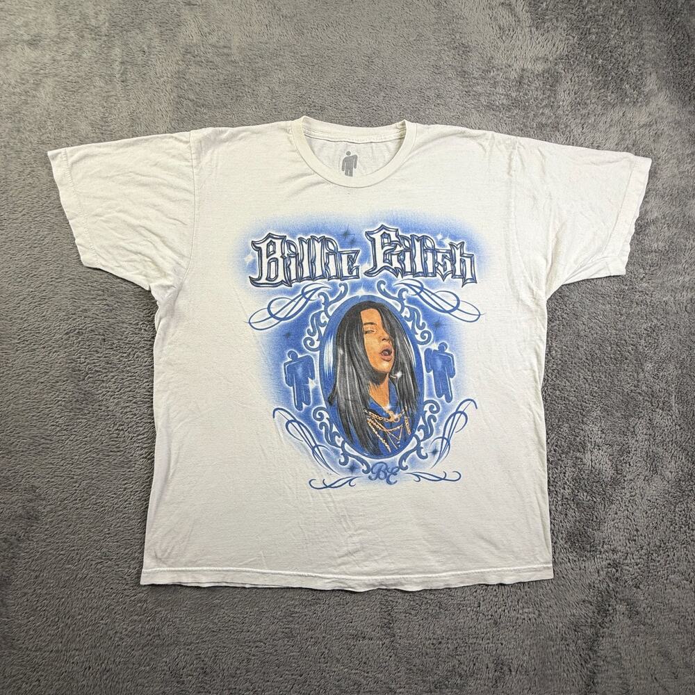 Billie Eilish Vintage Style Portrait Graphic Tee Shirt L White Blue Music Fan